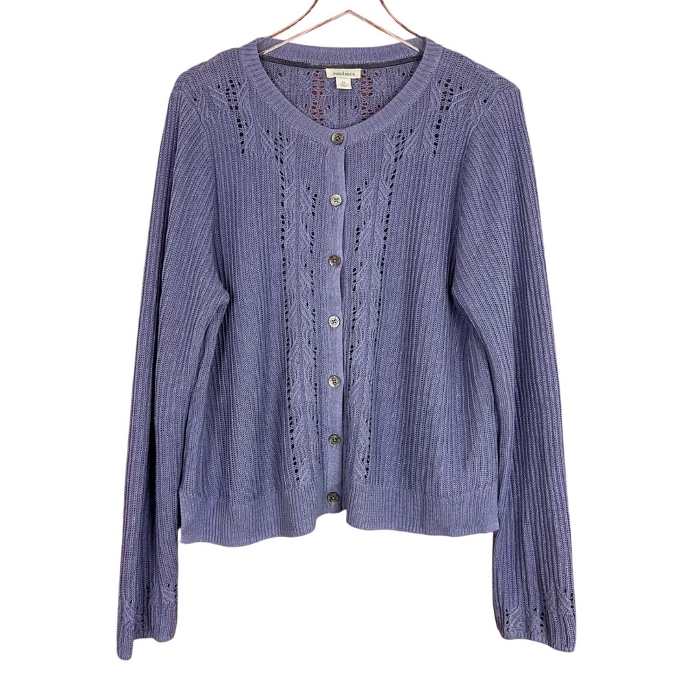 Sundance Womens XL Periwinkle Purple 100% Linen Pointelle Cable Knit Cardigan